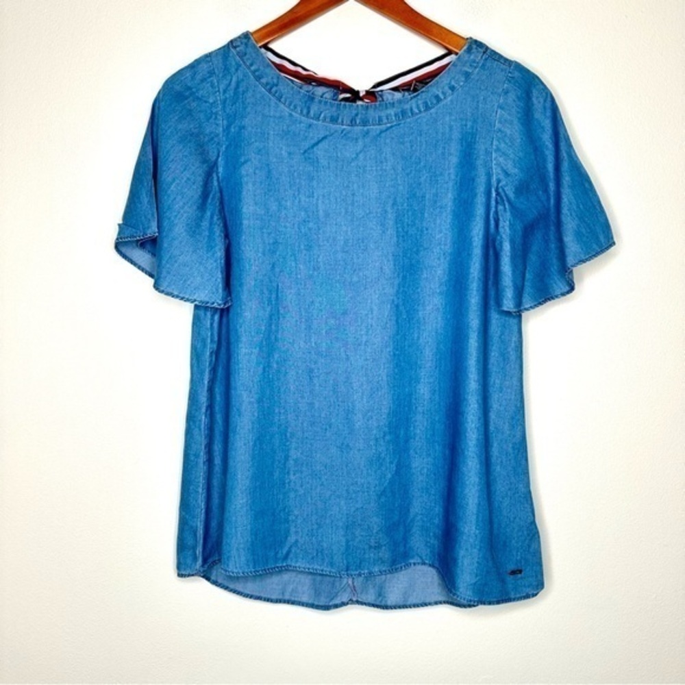 Tommy Hilfiger Blue Denim Ruffle Sleeve Blouse Back Bow Tie Size XS